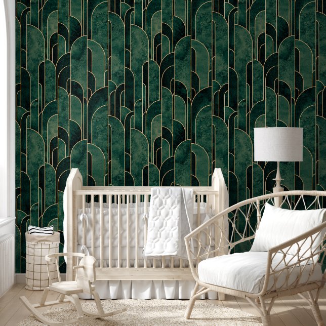 Luxurious Green and Gold Art Deco Pattern Wallpaper (Kids)
