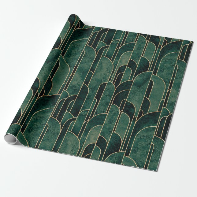 Luxurious Green and Gold Art Deco Pattern Wrapping Paper (Unrolled)