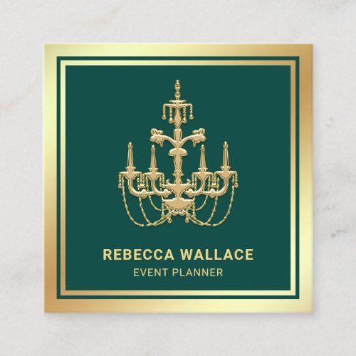 Luxurious Green Gold Foil Chandelier Event Planner Square Business Card