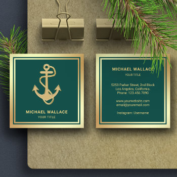 Luxurious Green Gold Foil Nautical Rope Anchor Square Business Card by ShabzDesigns at Zazzle
