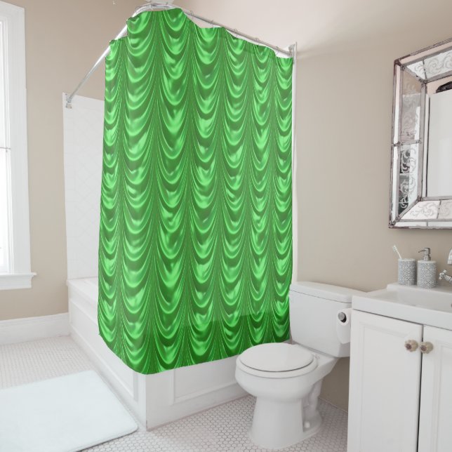 Luxurious Green Ruched Satin Scalloped Pattern Shower Curtain (In Situ)