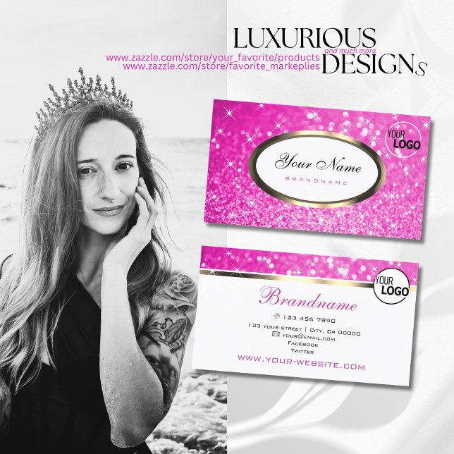 Luxurious Hot Pink Glitter Sparkling Stars Logo Business Card (Creator Uploaded)