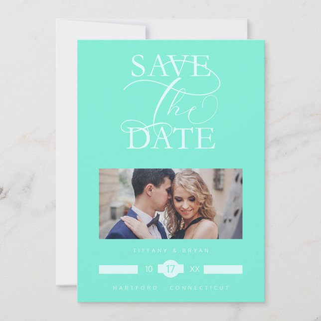Luxurious Iconic Light Blue Photo Exquisite Script Save The Date (Front)