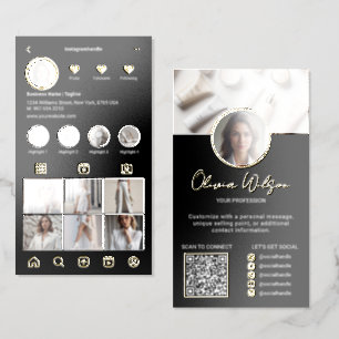 Luxurious Instagram Feed QR Code Black Gold Foil Spot Gloss Business Cards