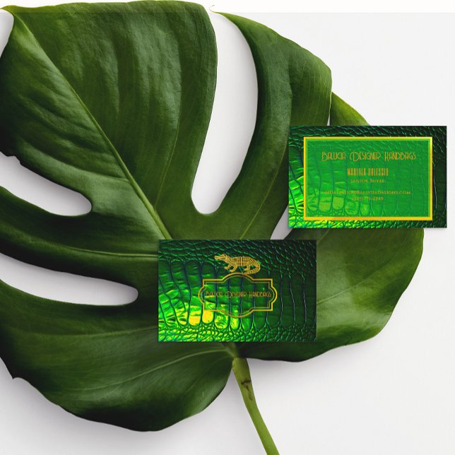 Luxurious Iridescent Green Faux Crocodile Skin Bus Business Card (Faux Croc Green Logo Business Cards)