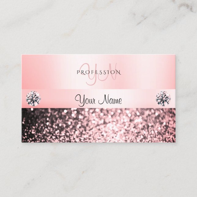 Luxurious Jewels Pink Glitter Monogram Pastel Pink Business Card (Front)