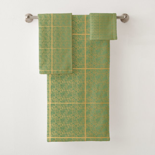 LUXURIOUS LACE PRINT SAGE GOLD HAMPTON TOWEL SET (Insitu)