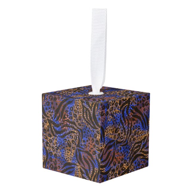 Luxurious Leopard and Zebra Print Pattern Cube Ornament (Front Angled)