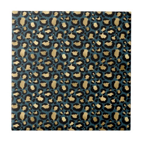 Luxurious Leopard Spots Dark Blue Wild Glam Ceramic Tile