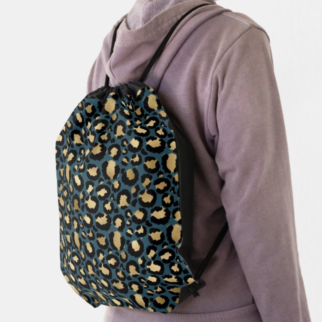 Luxurious Leopard Spots Dark Blue Wild Glam Drawstring Bag (Insitu)