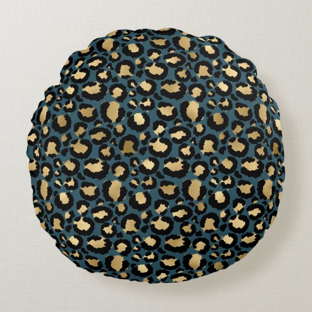 Luxurious Leopard Spots Dark Blue Wild Glam Round Pillow (Front)