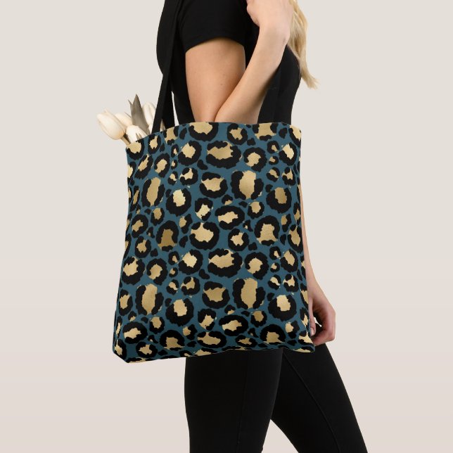 Luxurious Leopard Spots Dark Blue Wild Glam Tote Bag (Close Up)
