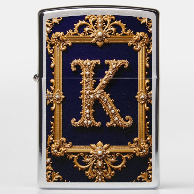 Luxurious Letter K in Ornate Golden Frame Zippo Lighter (Front)