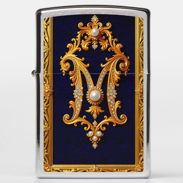 Luxurious Letter M in Ornate Golden Frame Zippo Lighter (Front)