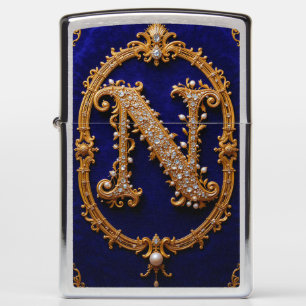 Luxurious Letter N in Ornate Golden Frame Zippo Lighter