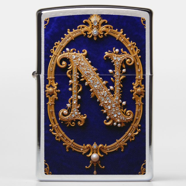 Luxurious Letter N in Ornate Golden Frame Zippo Lighter (Front)