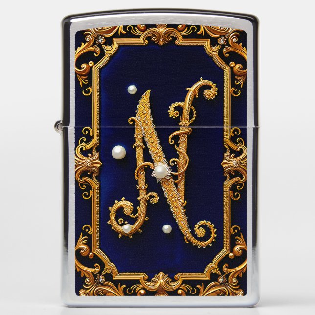 Luxurious Letter N in Ornate Golden Frame Zippo Lighter (Front)