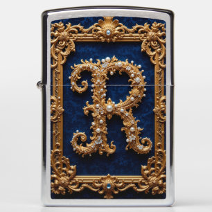 Luxurious Letter R in Ornate Golden Frame Zippo Lighter