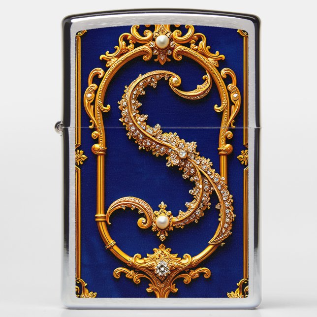 Luxurious Letter S in Ornate Golden Frame Zippo Lighter (Front)