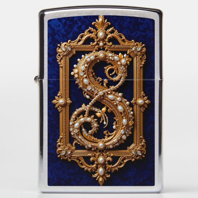 Luxurious Letter S in Ornate Golden Frame Zippo Lighter (Front)
