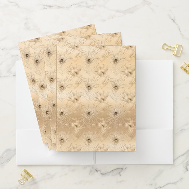 Luxurious Light Brown Peacock Feather Deluxe Pocket Folder (In Situ)