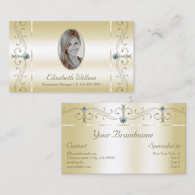 Luxurious Light Gold Squiggled Jewels with Photo Business Card (Front/Back)