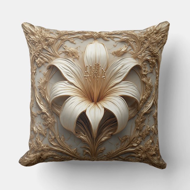 Luxurious Lily Design Golden Ornamental Artwork Throw Pillow (Front)