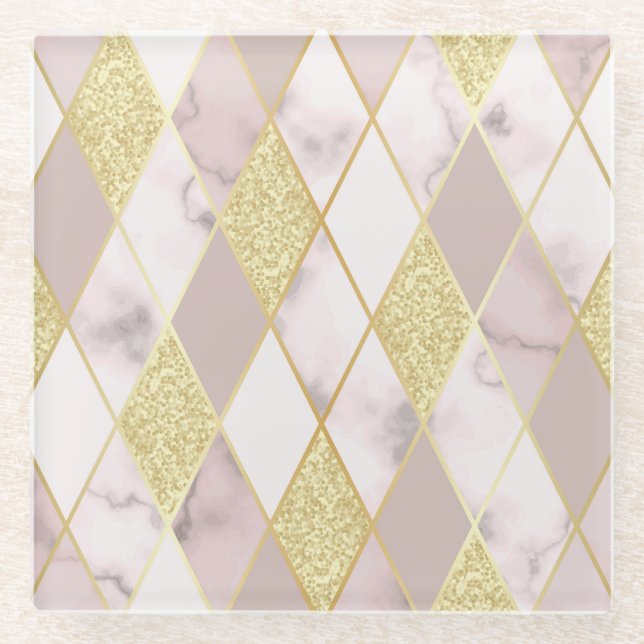 Luxurious Marble Golden Geometric Glass Coaster (Front)