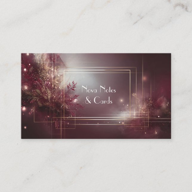 Luxurious Maroon Gold Foliage Celestial Geometric Business Card (Front)