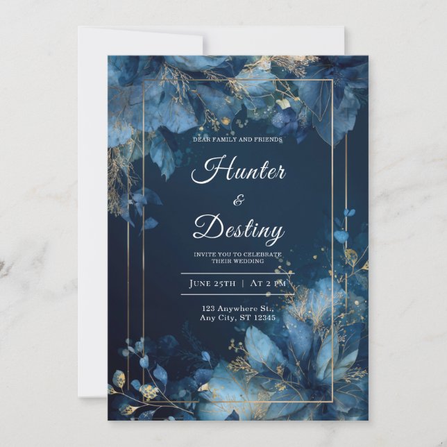 Luxurious Midnight Blue Gold Floral Frame Winter Invitation (Front)