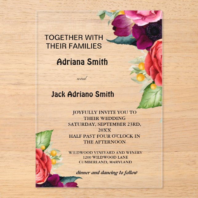 Luxurious Modern  Floral Wedding Acrylic Invitations (Front)