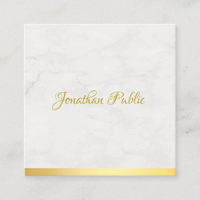 Luxurious Modern Gold And Marble Chic Hand Script Square Business Card (Front)