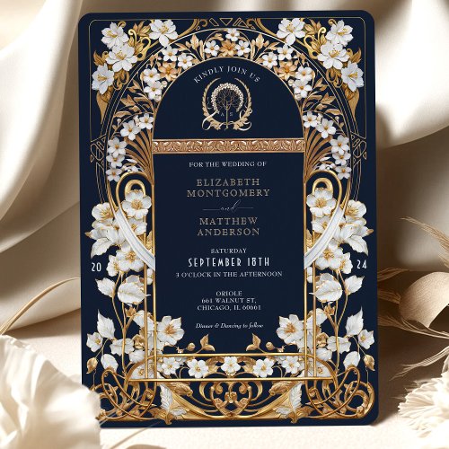 Luxurious Navy Blue  Antique Gold Floral Wedding Invitation
