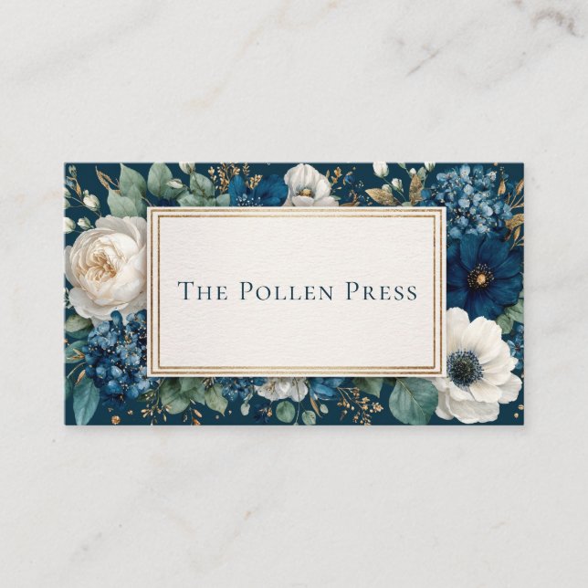 Luxurious Navy Blue Floral Gold Frame Elegant Business Card (Front)