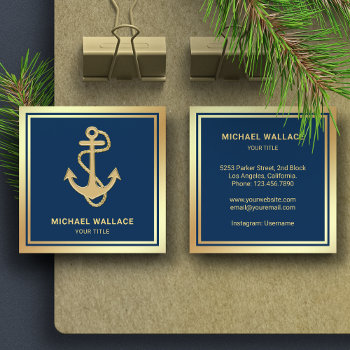 Luxurious Navy Blue Gold Foil Nautical Rope Anchor Square Business Card by ShabzDesigns at Zazzle