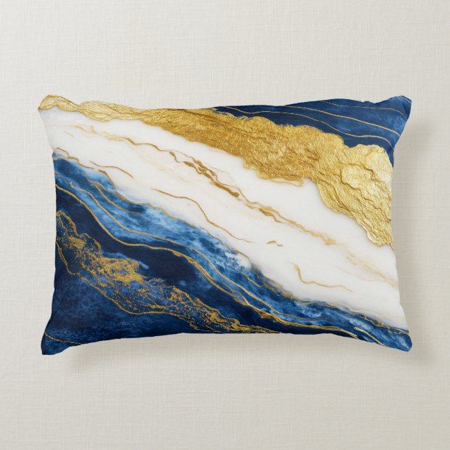 Luxurious Navy Blue & Gold Leaf Marble Accent Pillow (Front)