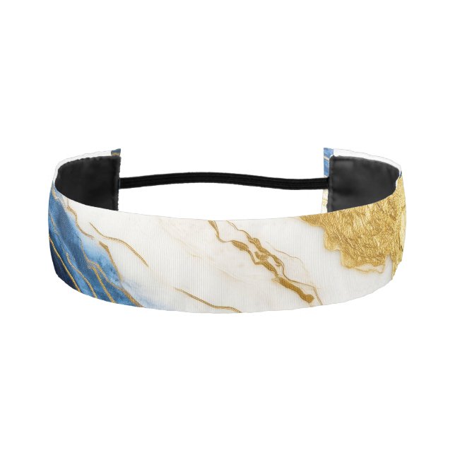 Luxurious Navy Blue & Gold Leaf Marble Athletic Headband (Front)