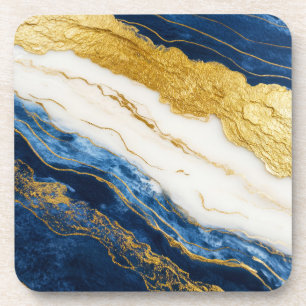 Luxurious Navy Blue & Gold Leaf Marble Beverage Coaster