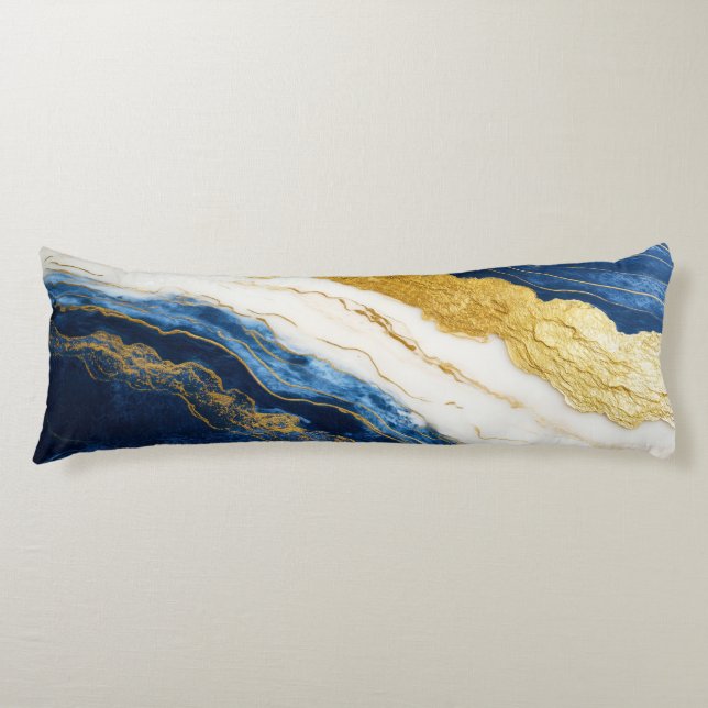 Luxurious Navy Blue & Gold Leaf Marble Body Pillow (Front)