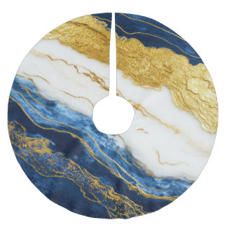 Luxurious Navy Blue & Gold Leaf Marble Brushed Polyester Tree Skirt