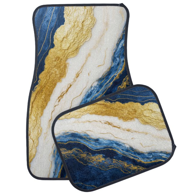 Luxurious Navy Blue & Gold Leaf Marble Car Floor Mat (Set)