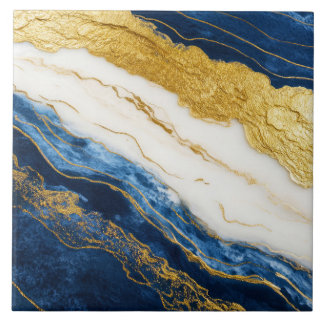 Luxurious Navy Blue & Gold Leaf Marble Ceramic Tile