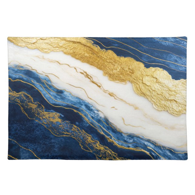 Luxurious Navy Blue & Gold Leaf Marble Cloth Placemat (Front)