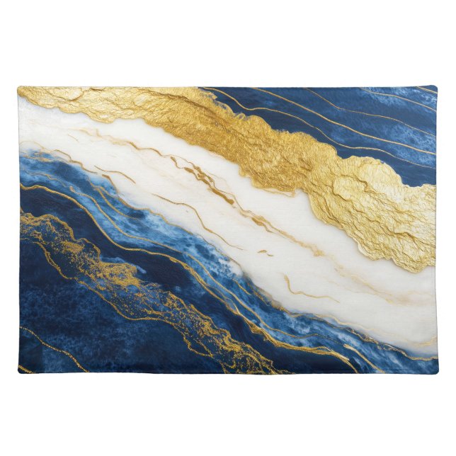 Luxurious Navy Blue & Gold Leaf Marble Cloth Placemat (Front)