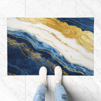 Luxurious Navy Blue & Gold Leaf Marble Doormat