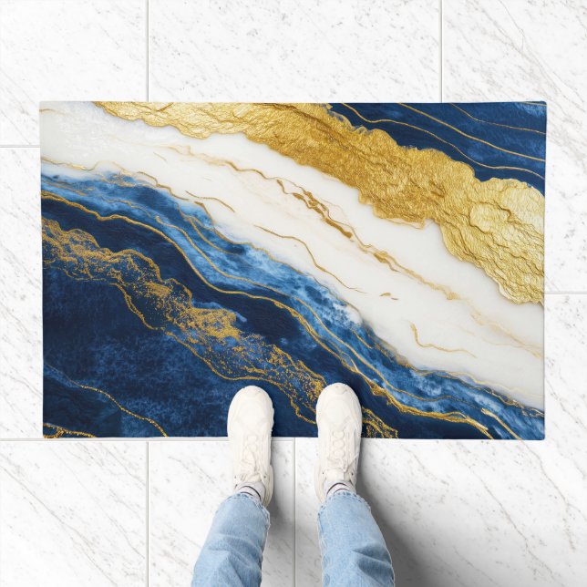 Luxurious Navy Blue & Gold Leaf Marble Doormat (Indoor)