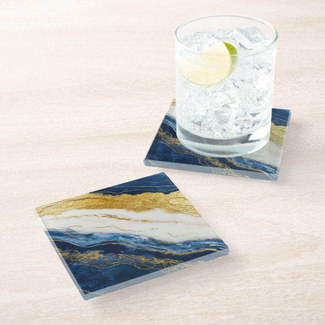 Luxurious Navy Blue & Gold Leaf Marble Glass Coaster (Angled)