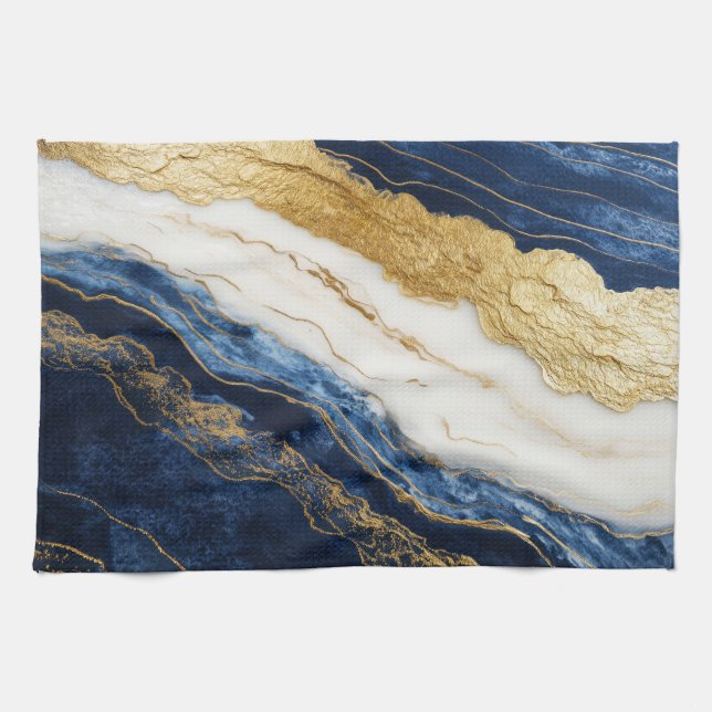 Luxurious Navy Blue & Gold Leaf Marble Kitchen Towel (Horizontal)