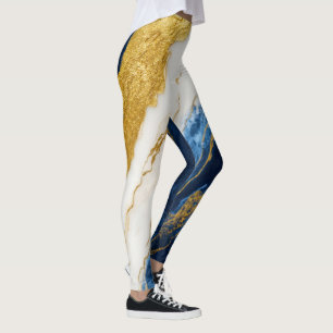 Luxurious Navy Blue & Gold Leaf Marble Leggings