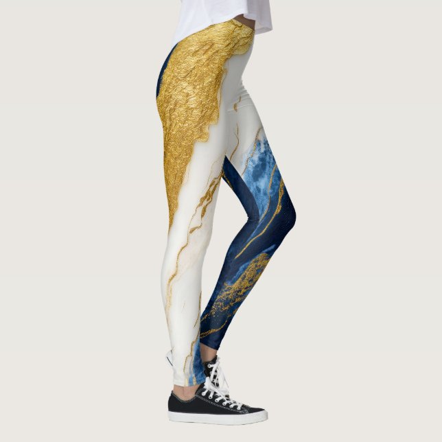 Luxurious Navy Blue & Gold Leaf Marble Leggings (Right)